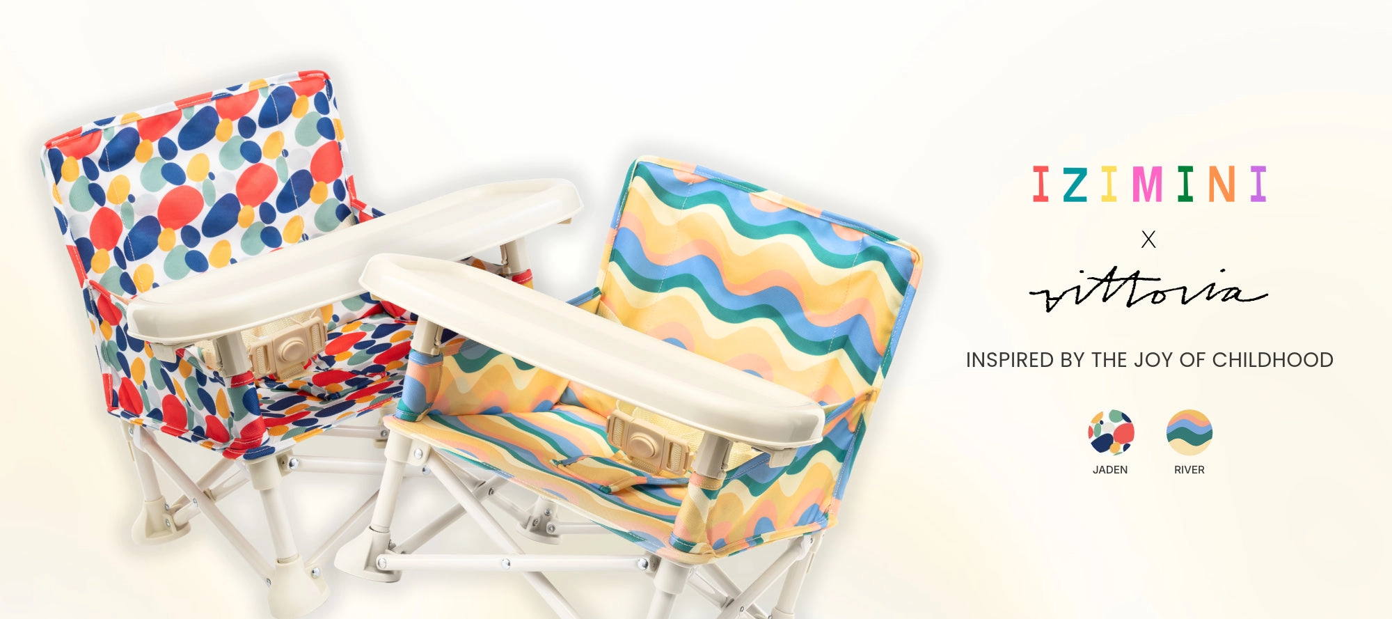 IZIMINI x Vittoria banner showing the Jaden and River chairs