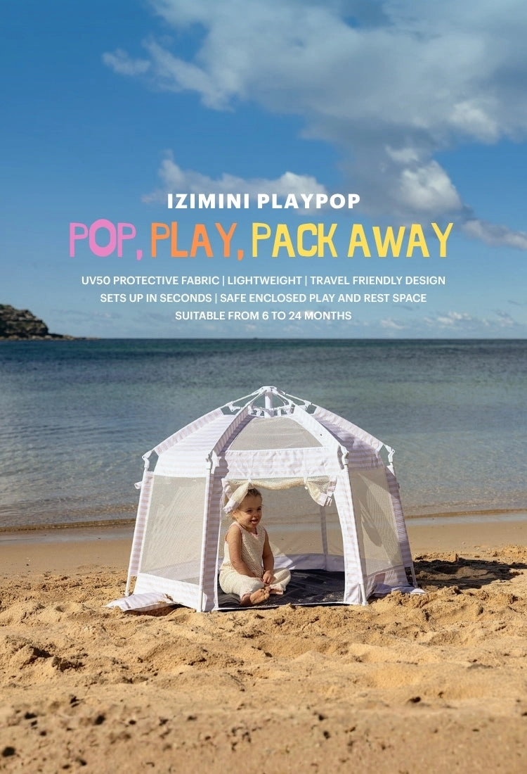 PlayPop pack away poster with a white tent on the beach